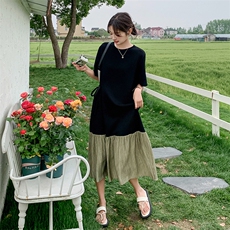 撞色拼接T恤连衣裙女2025年夏季新款高级感宽松气质显瘦过膝长裙，女装连衣裙，维壹