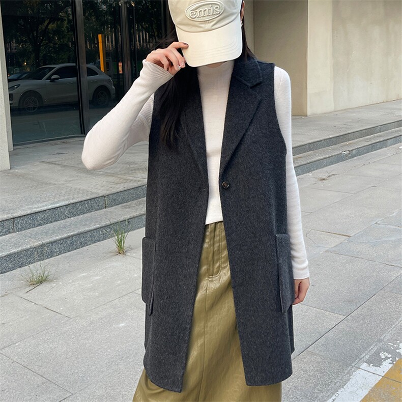 2025年秋季新款百搭女士带兜POLO领一粒扣中长款无袖大衣,女装双面呢大衣,召鑫羊绒双面呢