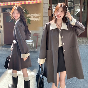 灰色休闲撞色拼接风衣外套女2025春季新款设计感系带中长款大衣潮图片