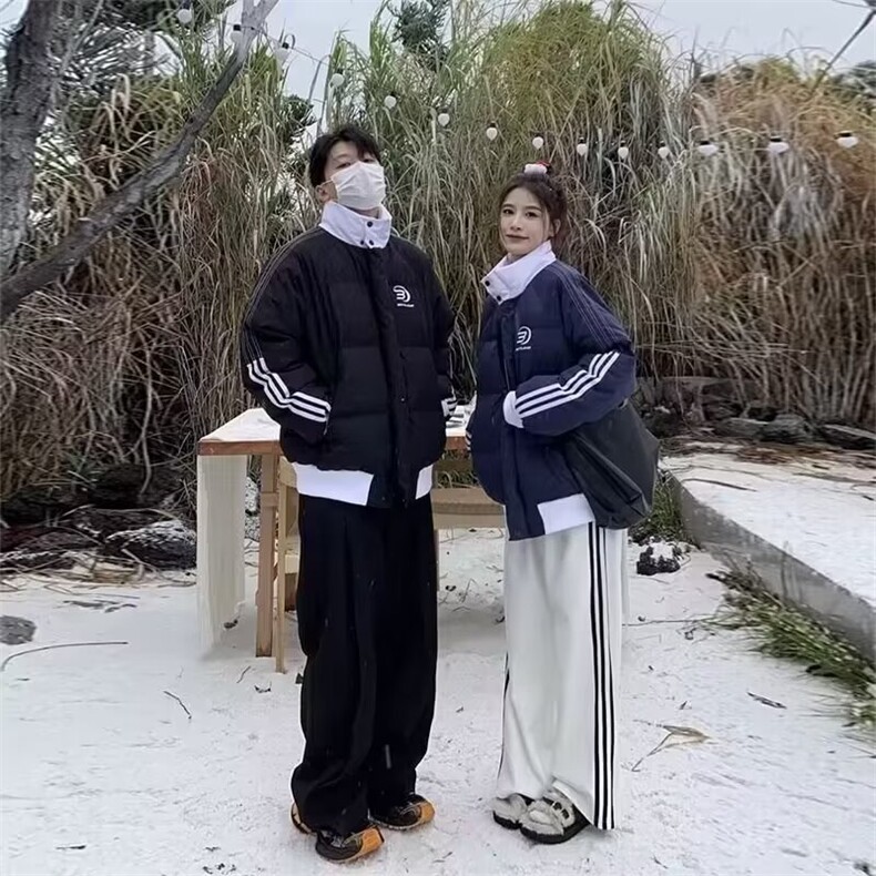 潮棉衣棉服女冬季情侣学院风保暖美式宽松运动条纹撞色小众棉袄图片