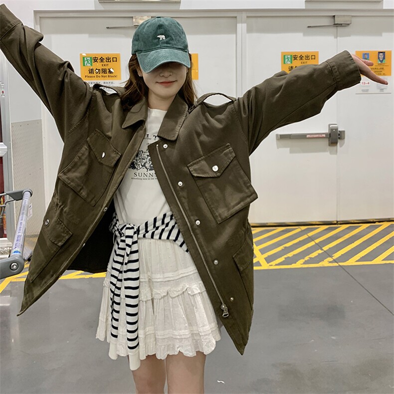 女常规长袖拉链中长款翻领短外套上衣秋季风衣大衣春秋小个子短款,女装短外套,2C372