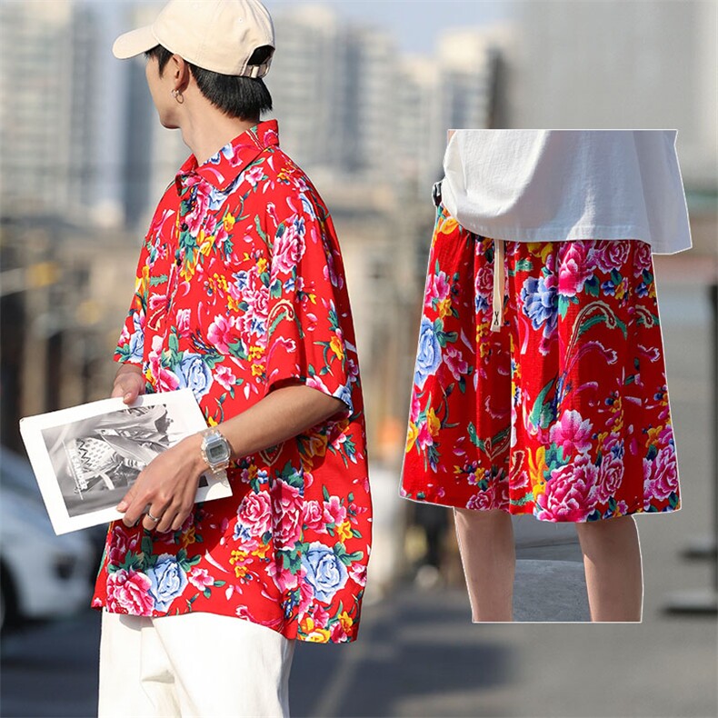TZP风东北大花汉服套装polo衫短裤大码花TEE套装团队服休闲装图片