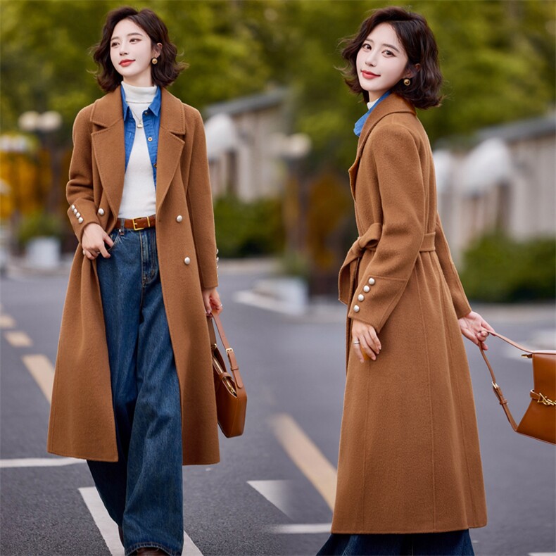 双面羊毛大衣女2025年秋冬新款气质百搭中长款显瘦羊毛外套,女装双面呢大衣,小荷流