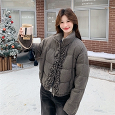 灰色立领木耳边短款羽绒服女2025新款90绒保暖显瘦小个子外套，女装羽绒服，维壹