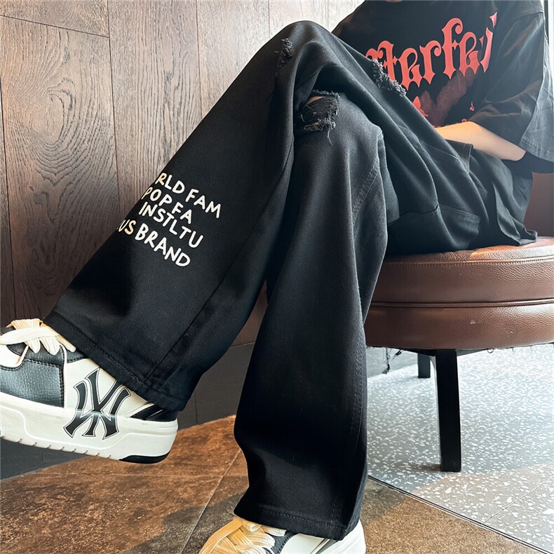 k705-p48-控68 M-5XL 现货oversize cleanfit风黄泥牛仔裤破洞图片