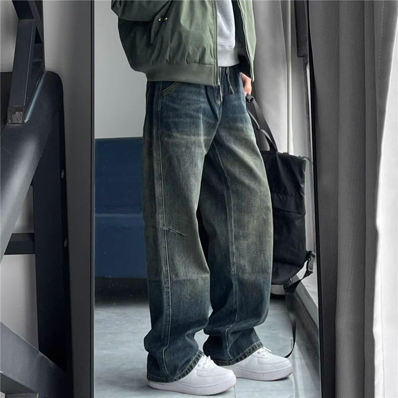 美式高街牛仔裤男潮牌cleanfit复古微喇裤子潮牌宽松直筒阔腿长裤,男装牛仔裤,四季星座505