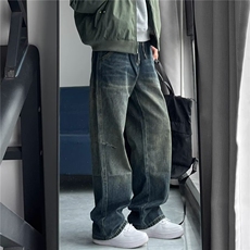 美式高街牛仔裤男潮牌cleanfit复古微喇裤子潮牌宽松直筒阔腿长裤，男装牛仔裤，四季星座505