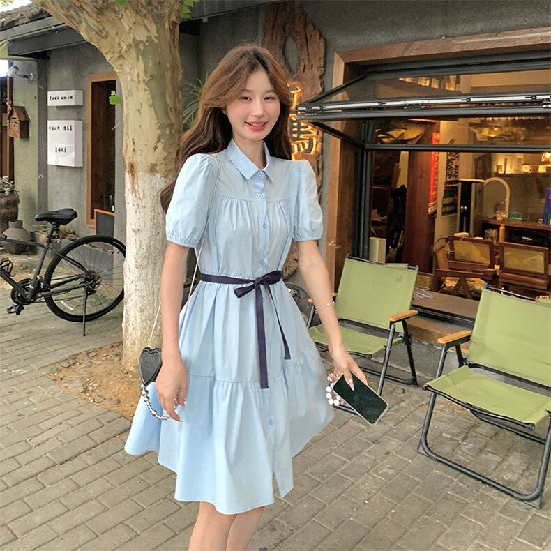 蓝色气质减龄学院风衬衫裙女中长款2024夏新款法式宽松洋气连衣裙,女装连衣裙,纯色衣恋