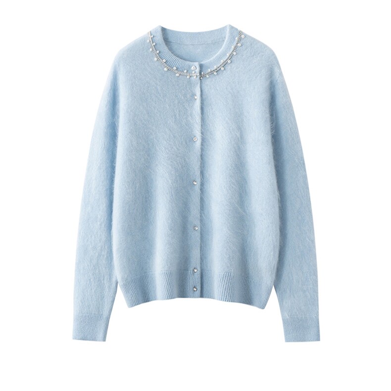 2025年秋季时尚百搭通勤简约休闲领口锈钻开衫，女装羊绒衫，万品羊绒