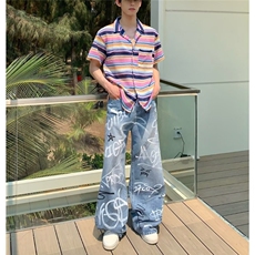 6637-P53复古设计感印花牛仔裤男春秋季新款小众宽松阔腿拖地，男装牛仔裤，电商B323A