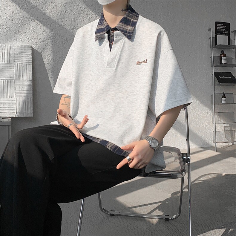 T10110-特批35夏季撞色拼接假两件高级感衬衫领男大码短袖T恤,男装T恤,电商A059