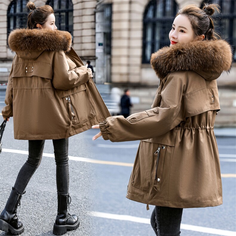 棉衣/棉服2021新款冬仿羊羔毛中长款工装带帽派克服女外套，女装派克服，瑶迪依秀