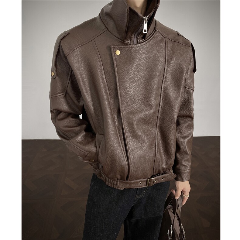 荔枝纹双层领廓形大码M-5XL机车面层PU皮衣JK78095特P118控，男装皮衣，星座227-7