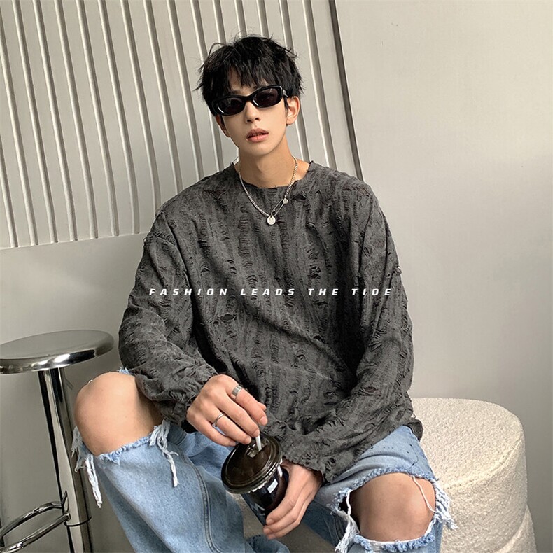 百搭时尚个性简约复古上衣宽松破洞ins风长袖T桖HY263TP35控48,男装T恤,电商A102B