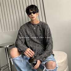 百搭时尚个性简约复古上衣宽松破洞ins风长袖T桖HY263TP35控48，男装T恤，电商A102B