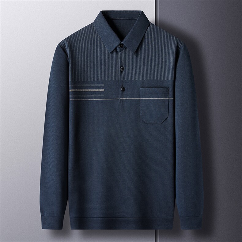 中老年人爸爸polo衫男翻领带口袋长春秋季男士长袖条纹T恤衫宽松，男装Polo衫，电商B212（原钱塘6029）