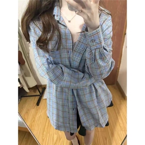 美式复古蓝色格子衬衫女2025春秋新款宽松休闲长袖百搭防晒外套潮图片
