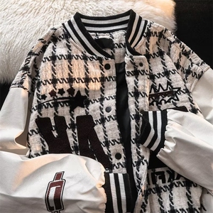 美式潮牌字母植绒千鸟格棒球服男女秋季小众街头夹克外套J1056P70图片