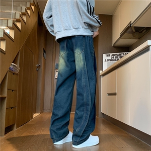 春秋季抽绳牛仔裤男款日系复古做旧水洗宽松休闲百搭阔腿裤K8822图片