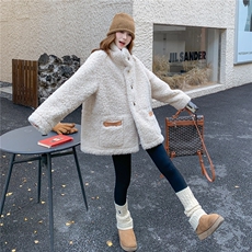 咖色复古双面穿麂皮绒羊羔毛外套女2025冬季保暖加厚皮毛一体棉服，女装羊羔毛/颗粒绒，乐吉娜