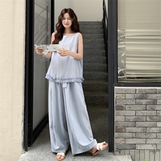 浅蓝色木耳边背心上衣套装女2025夏季新款巨好看花苞半身裙两件套，女装套装/套裙，2C093