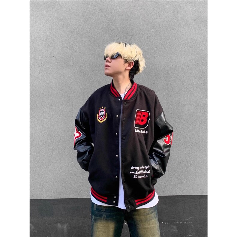 欧美徽章字母刺绣撞色拼接棒球服男女秋冬季加厚宽松情侣外套夹克图片