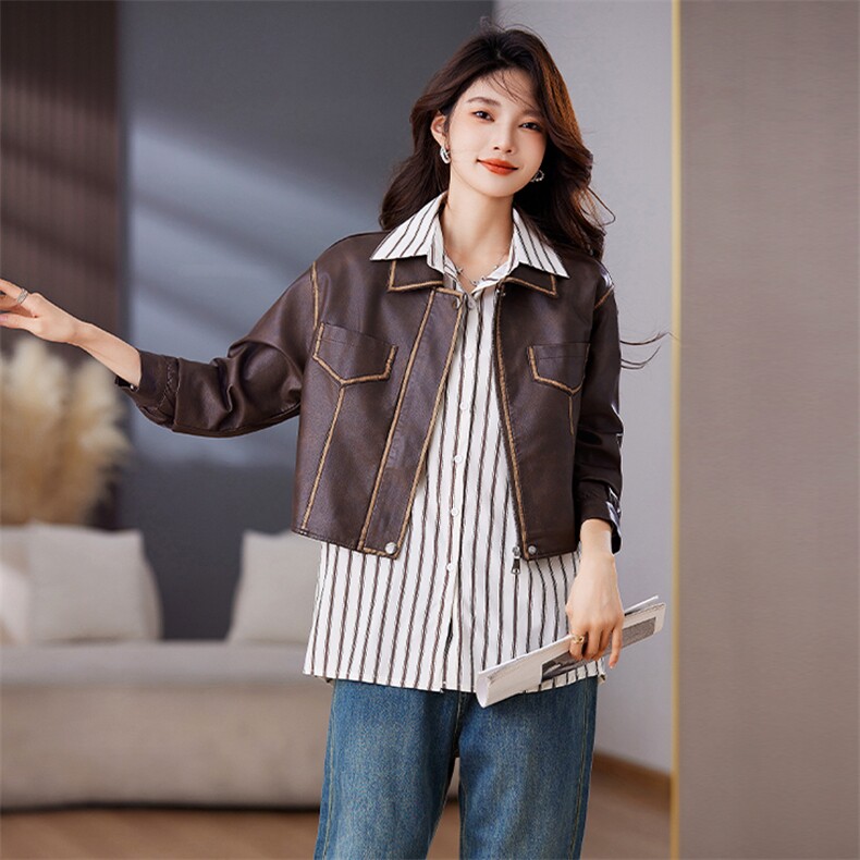 港风皮衣女外套2024新款洋气设计感复古机车皮夹克小个子短款上衣，女装皮衣，美拉德工厂直营店