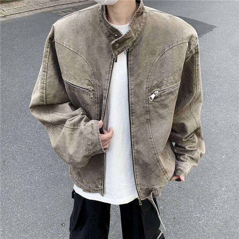 DJK8627-P80美式复古水洗牛仔外套男潮牌拉链短款外套工装夹克潮图片