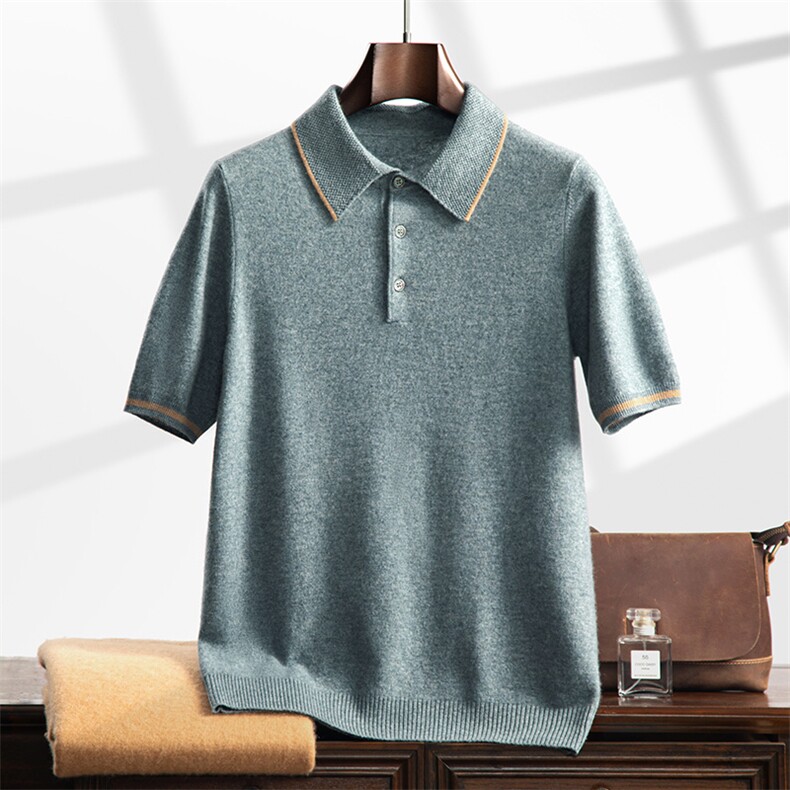 2024秋冬新款35%山羊绒男士套头POLO撞色羊绒短袖，男装羊绒套衫，曼云男装羊绒