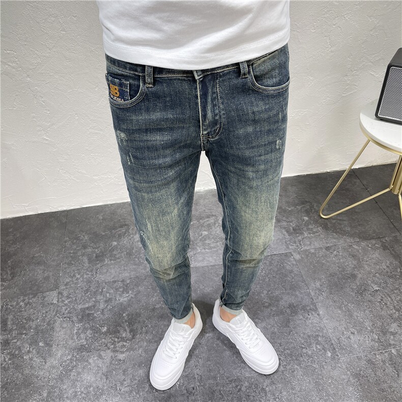 秋季蓝色修身牛仔裤男复古黄泥色百搭小脚裤长裤D311W6519P88,男装牛仔裤,电商D311