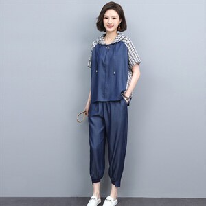 大码牛仔套装女2025夏季新款时尚洋气减龄休闲天丝中年妈妈两件套图片