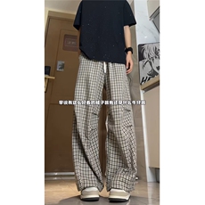 可束脚春款小格子宽松伞兵裤男士休闲裤弯刀裤阔腿裤K6658-特P38，男装休闲裤，电商A006