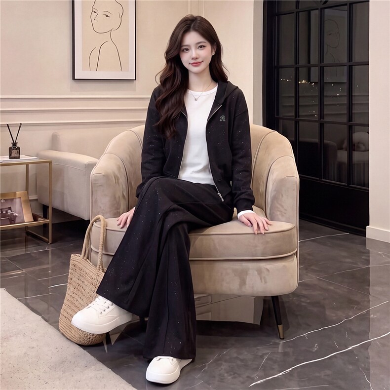 高级感休闲运动套装女春秋双头拉链卫衣内搭白色T恤阔腿裤三件套,女装套装/套裙,江南