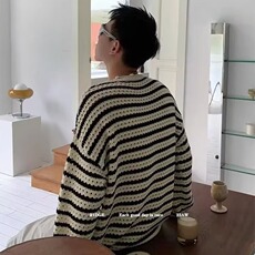 594-P332025新款法式镂空条纹针织衫圆领长袖软糯舒适毛衣，男装针织衫/毛衣，电商B323A