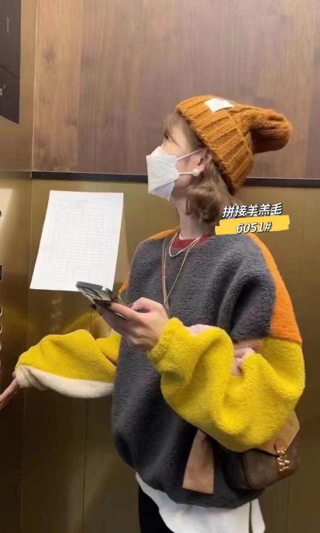 拼色颗粒绒加厚卫衣，女装卫衣/绒衫，一杭