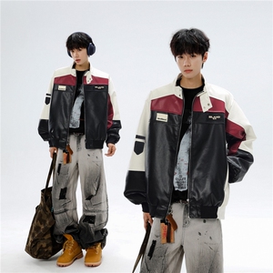 美式pu皮衣飞行员夹克男款拼接撞色痞帅机车骑行服外套W6780-P70图片