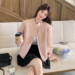粉色短款PU皮衣夹克外套女2025春秋季新款韩版流行显瘦机车服上衣图片