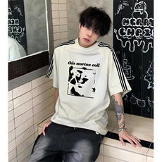 抖音得物品质二开240克宽松纯棉美式潮牌印花三条杠中性风短袖T恤，男装T恤，电商A486