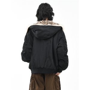 豹纹座山雕毛领连帽棉服女冬季宽松夹棉飞行棉衣外套男M0536-P105图片
