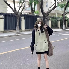 778-P55潮牌拼色毛衣女秋冬季美式复古百搭宽松半开拉链针织衫，男装针织衫/毛衣，电商B323A