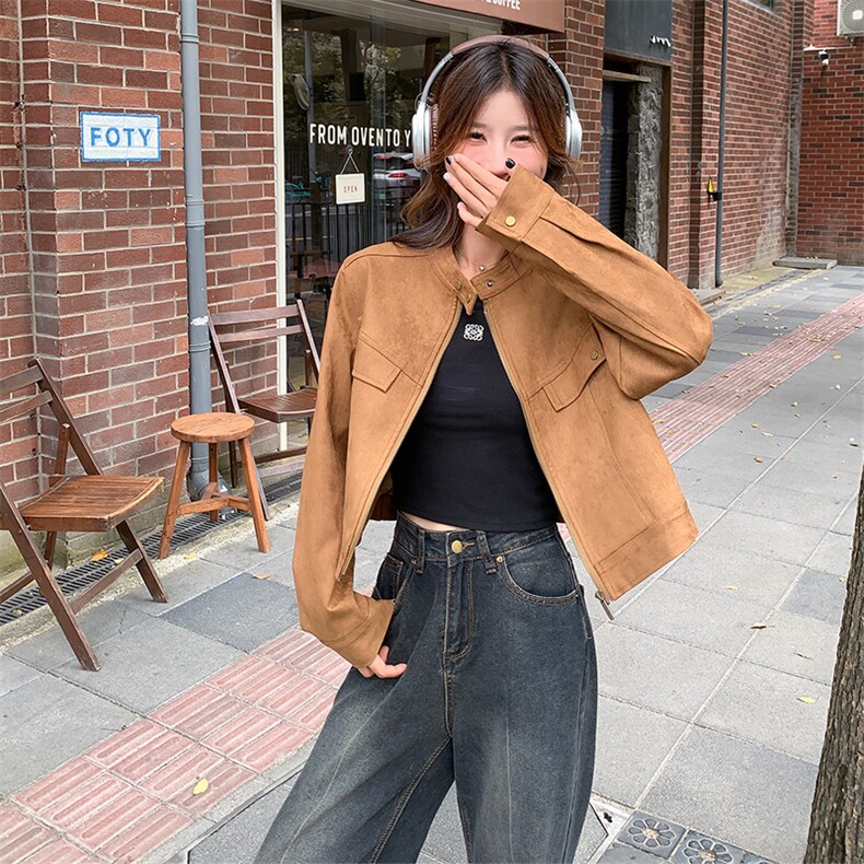 美拉德风咖色短款麂皮绒外套女春秋2025超火好看高级小众夹克上衣,女装短外套,2C176