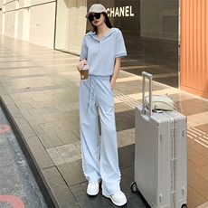 盐系高级感时尚气质套装女夏季新款蕾丝拼接连帽短袖阔腿裤两件套，女装套装/套裙，江南