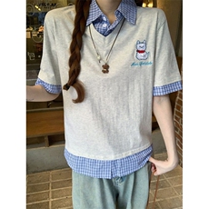 H0713-P45短袖t恤夏2026新款假两件卡通刺绣翻领上衣韩版女装，男装T恤，星座617A-2