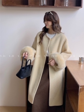 25109-38韩版气质小香风真袖毛长款双面羊毛大衣显瘦百搭，女装双面呢大衣，依嘟服饰