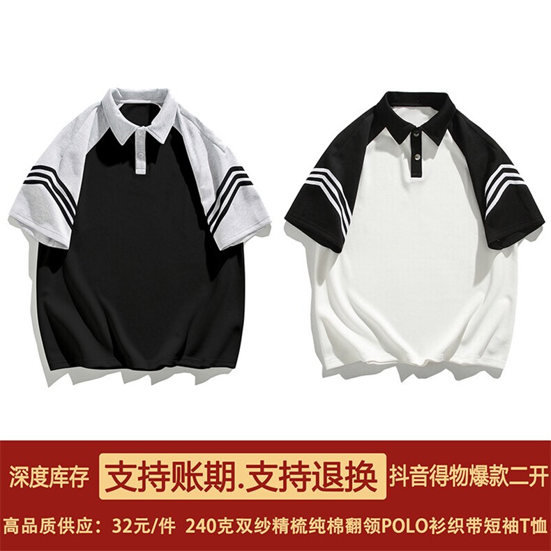 得物抖音高品质二开240克纯棉美式翻领POLO衫潮牌织带短袖T恤图片