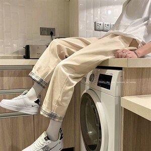 格子翻边休闲裤男宽松潮牌ins九分裤情侣阔腿直筒老爹裤k023-P28图片