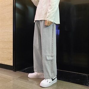 K716-P55      秋季港风大码松紧破洞牛仔裤男直筒老爹裤拖地裤图片