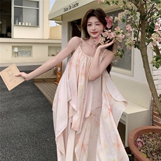 粉色温柔风雪纺印花吊带裙女夏季新款甜妹绝美仙气别致森系连衣裙，女装连衣裙，蝶眷