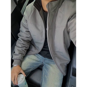 抖音得物 美式潮休闲夹克春季立领纯色复古工装加厚棉服外套AMY01图片
