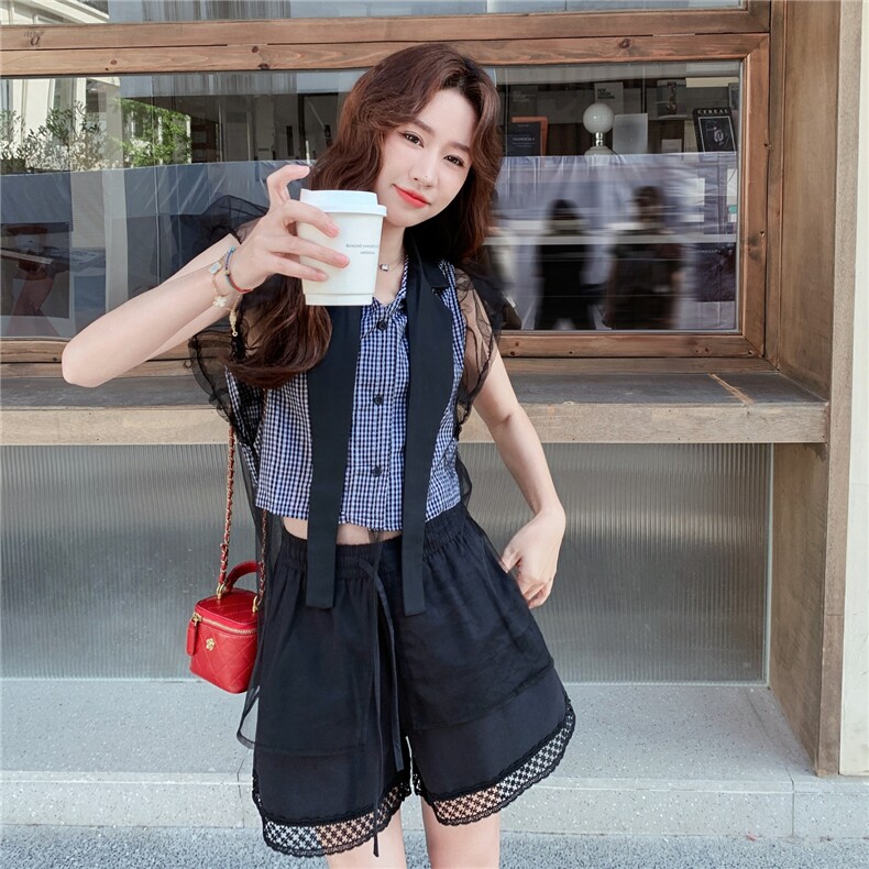 小个子穿搭网纱拼接格子衬衫套装女夏新款休闲显瘦减龄短裤两件套,女装套装/套裙,2C057